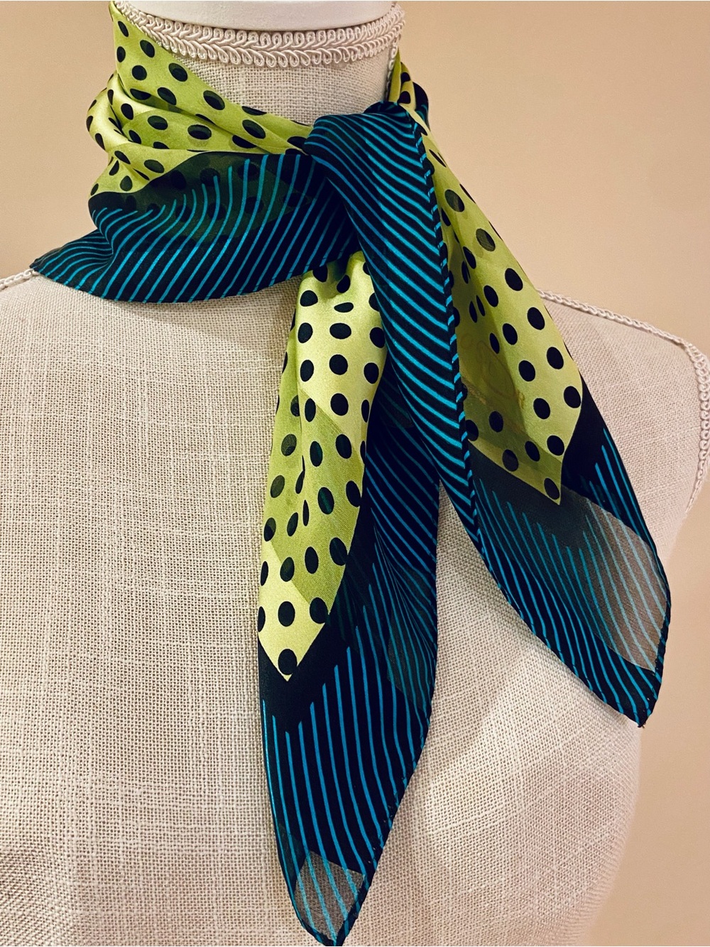 Oscar de la Renta Silk Vintage Scarf Black Polka Dots Turquoise Lime/Yellow